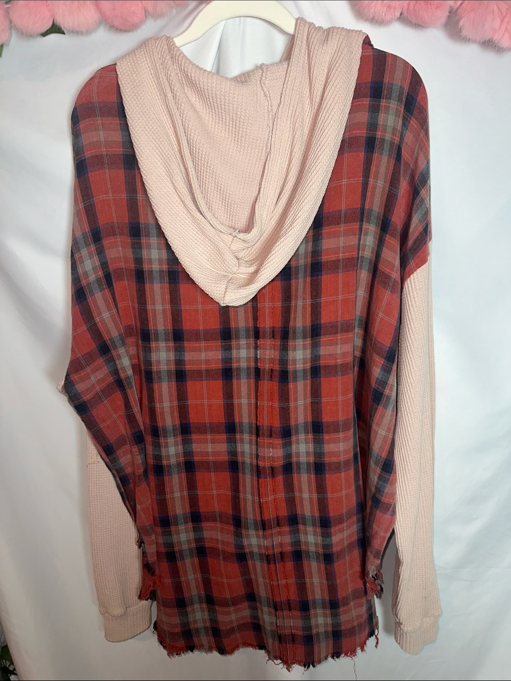 Oli & Hali Pink Knit Hooded Top/dress with Red and Navy Plaid Lining - Picture 6 of 6